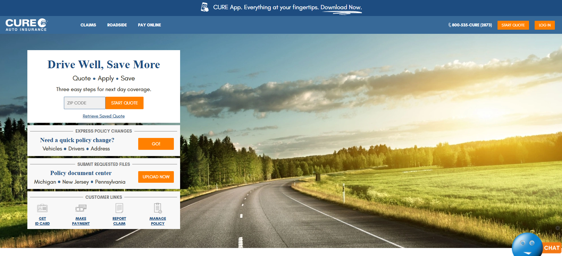 CURE Homepage Screenshot: CURE Auto Insurance Review