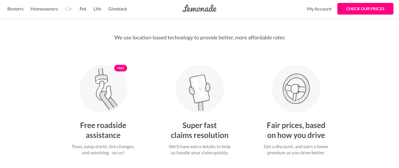 lemonade: usage-based auto insurance lemonade site screenshot: usage-based auto insurance
