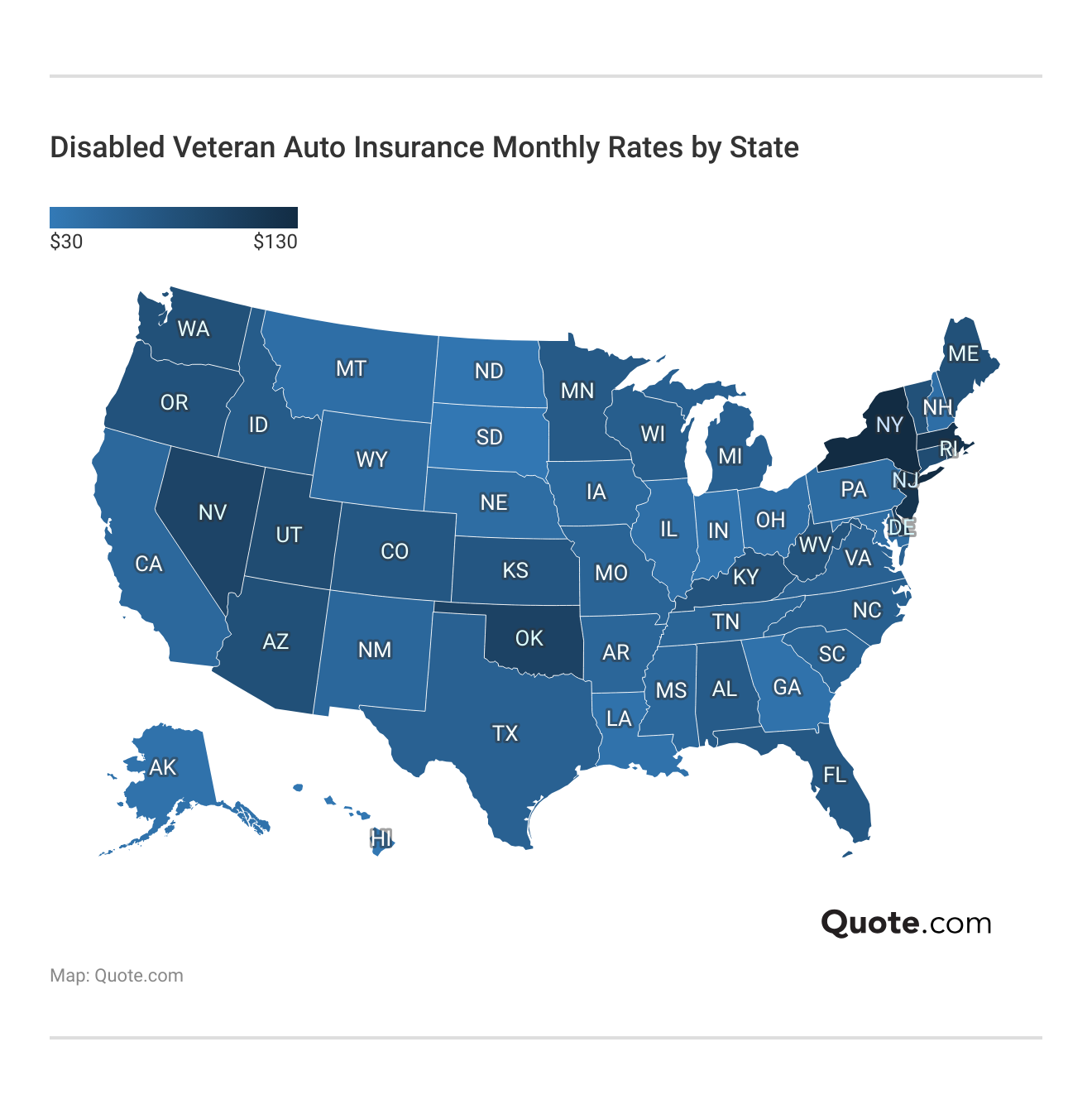 <h3>Disabled Veteran Auto Insurance Monthly Rates by State</h3>  