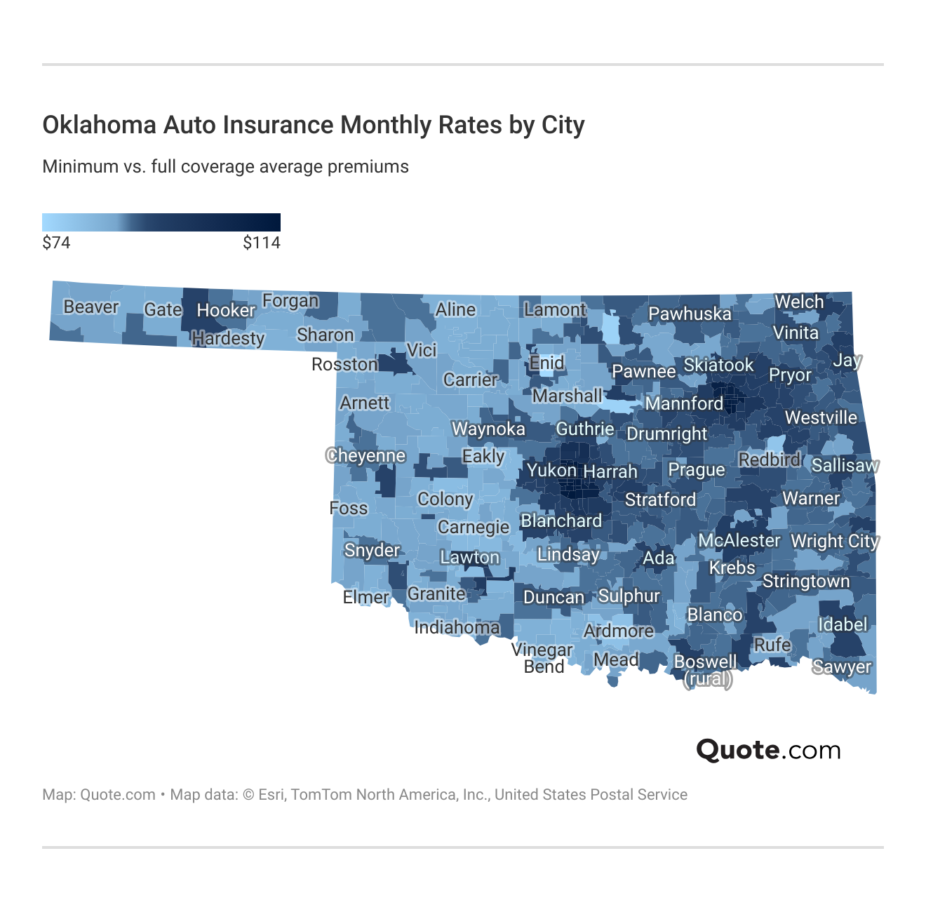 Oklahoma Auto Insurance Monthly Rates by City